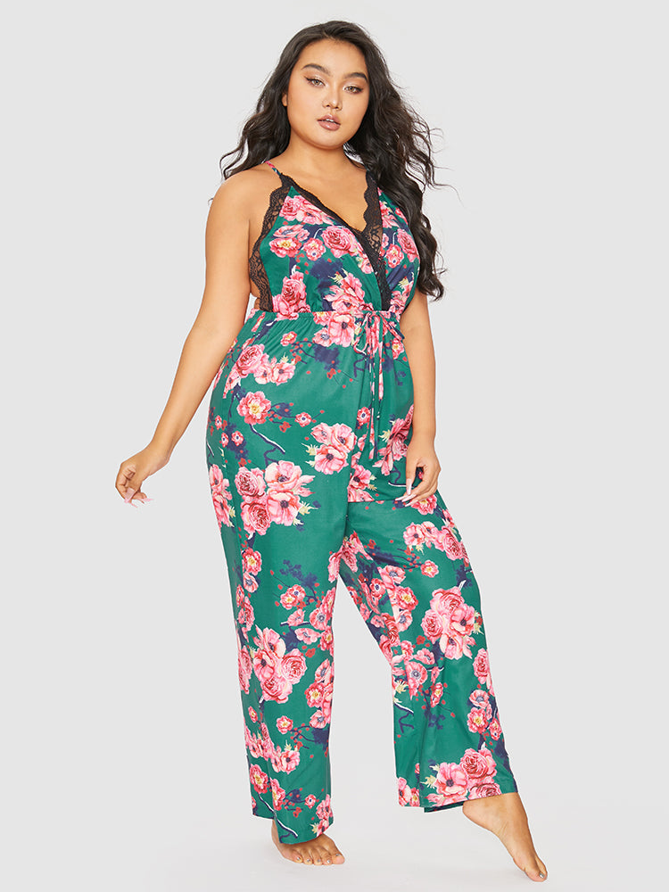 Floral Print Lace Trim Backless Lounge Jumpsuit