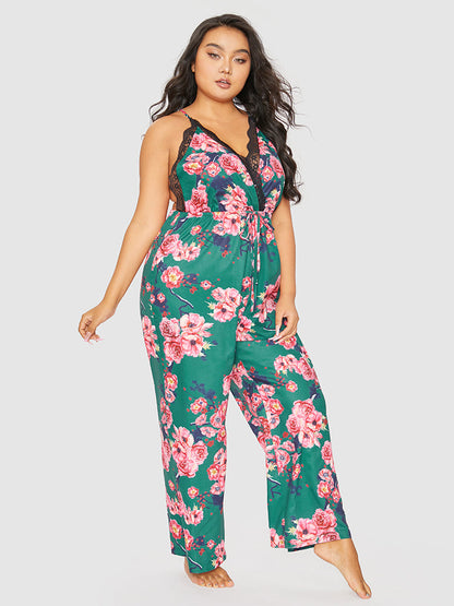 Floral Print Lace Trim Backless Lounge Jumpsuit