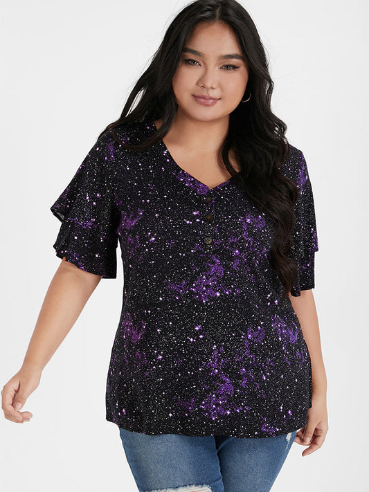Galaxy Ruffles Sleeve Button V Neck T-shirt