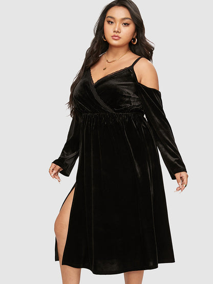 Velvet Cut Out Lace Trim Split Dress