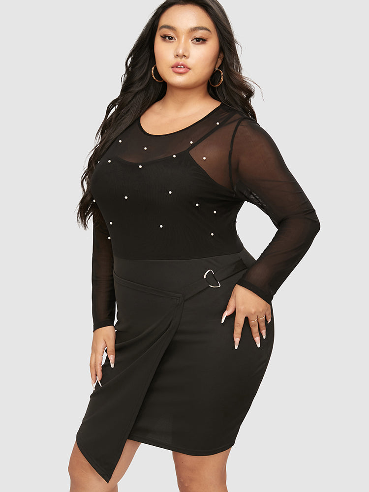 Beaded Contrast Mesh Wrap Bodycon Dress