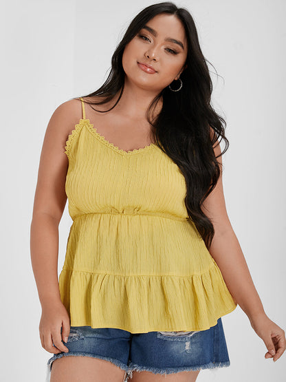 Solid Ruffles Lace Trim Cami Top