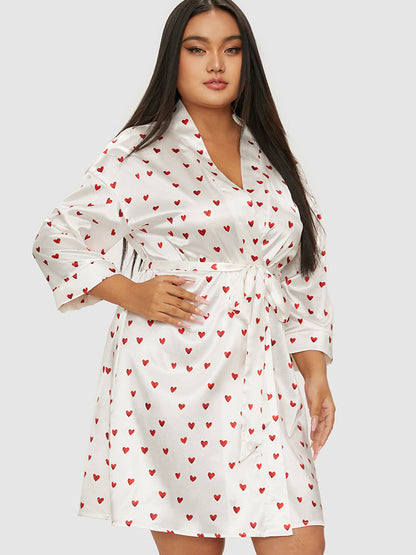 Heart Pattern Belted Satin Lounge Dress