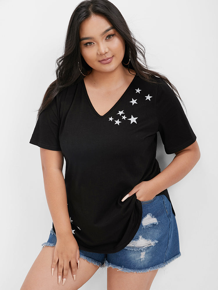 Star Print V Neck Curved Hem T-shirt
