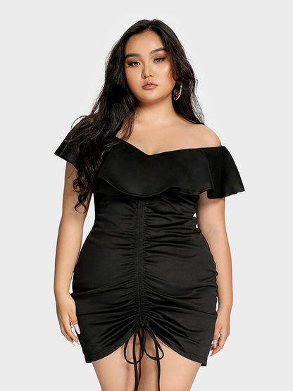 Ruched Ruffle Solid Dress