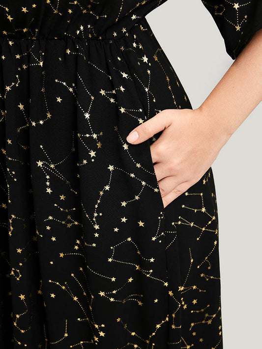 Star Print Dolman Sleeve Pocket Button Split Maxi Dress