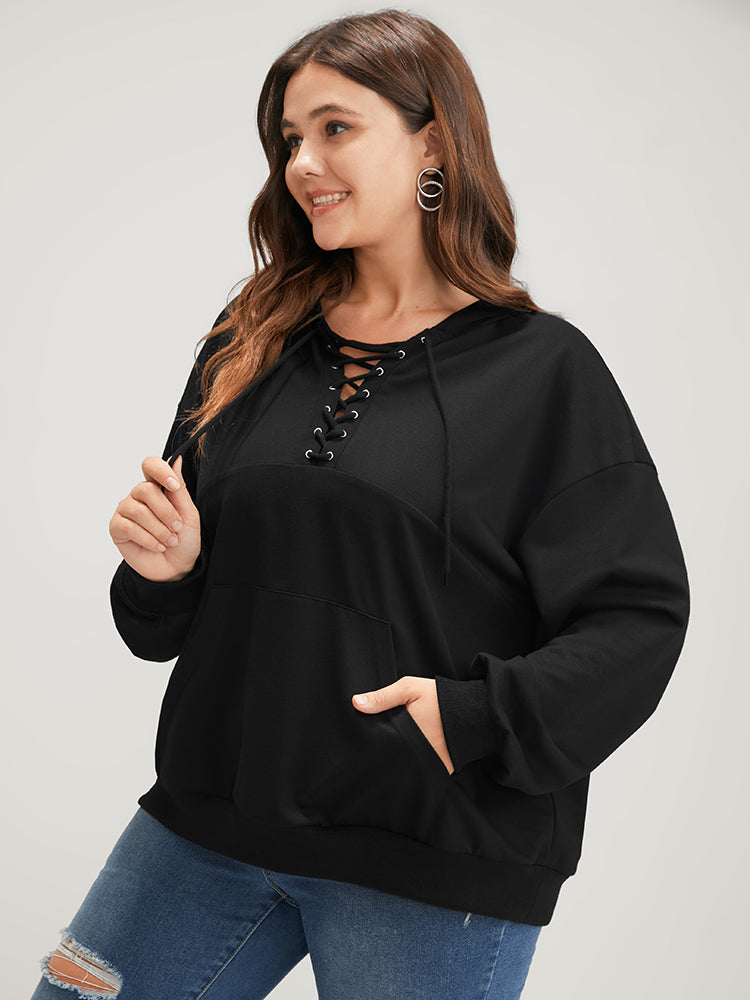 Plain Lace Up Pocket Drop Shoulder Hooded Sweatshirt
