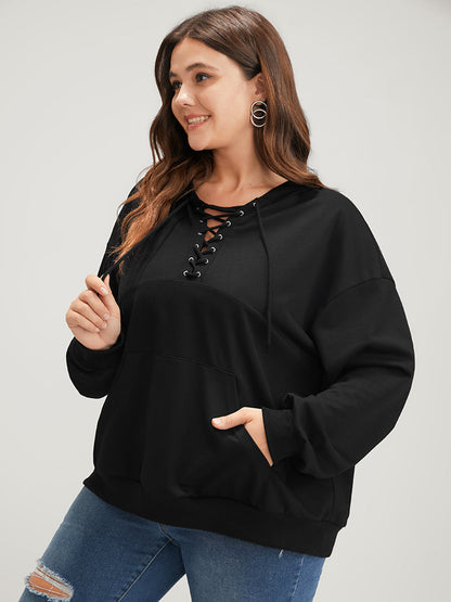 Plain Lace Up Pocket Drop Shoulder Hooded Sweatshirt
