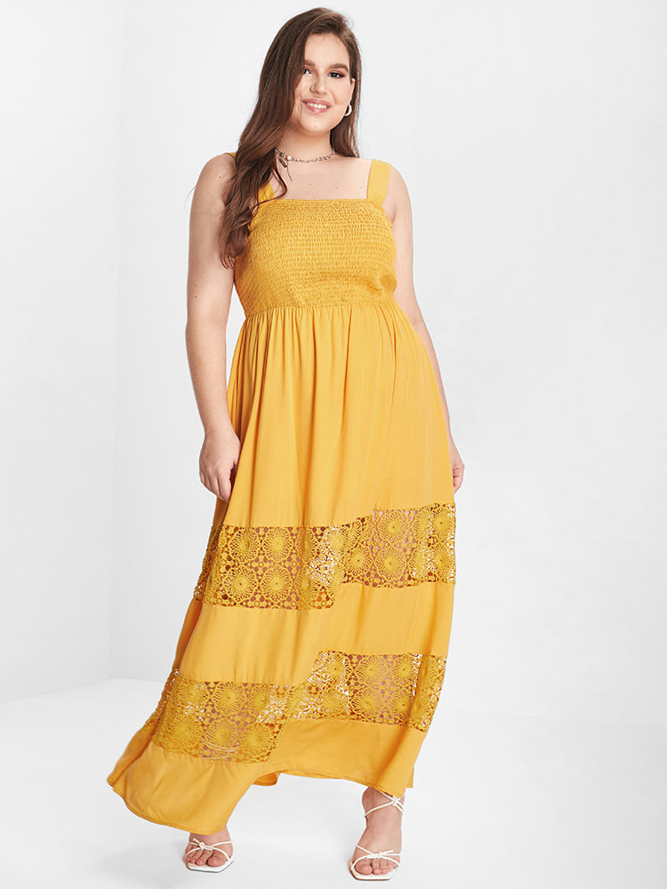 Plain Ruffle Shirred Eyelet Lace Maxi Dress