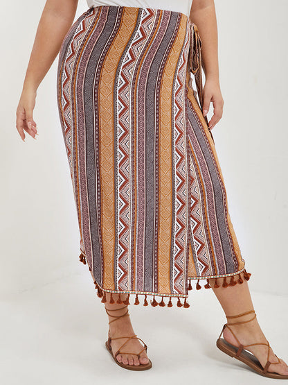 Geo Print Wrap Knot Fringe Hem Skirt