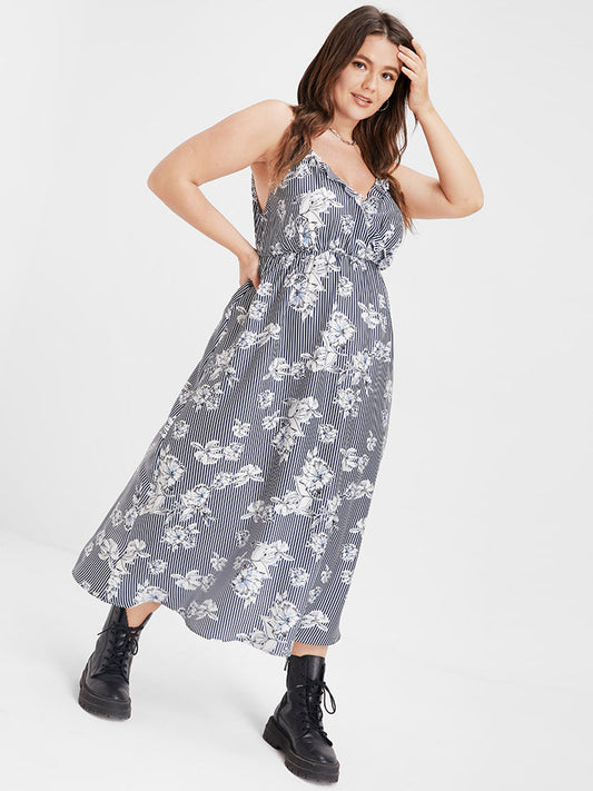 Floral Striped Frill Trim Cami Maxi Dress