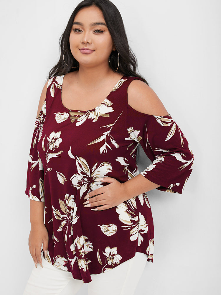 Floral Print Ruffles Cold Shoulder T-shirt