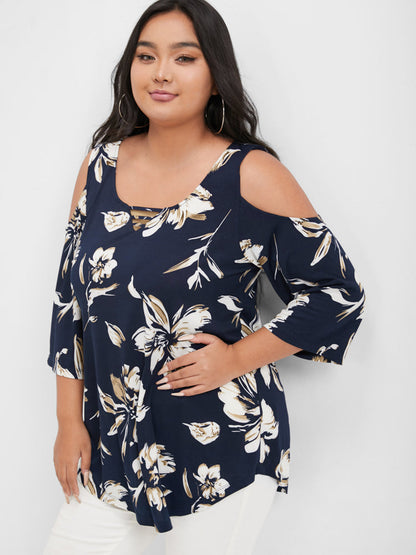Floral Print Ruffles Cold Shoulder T-shirt