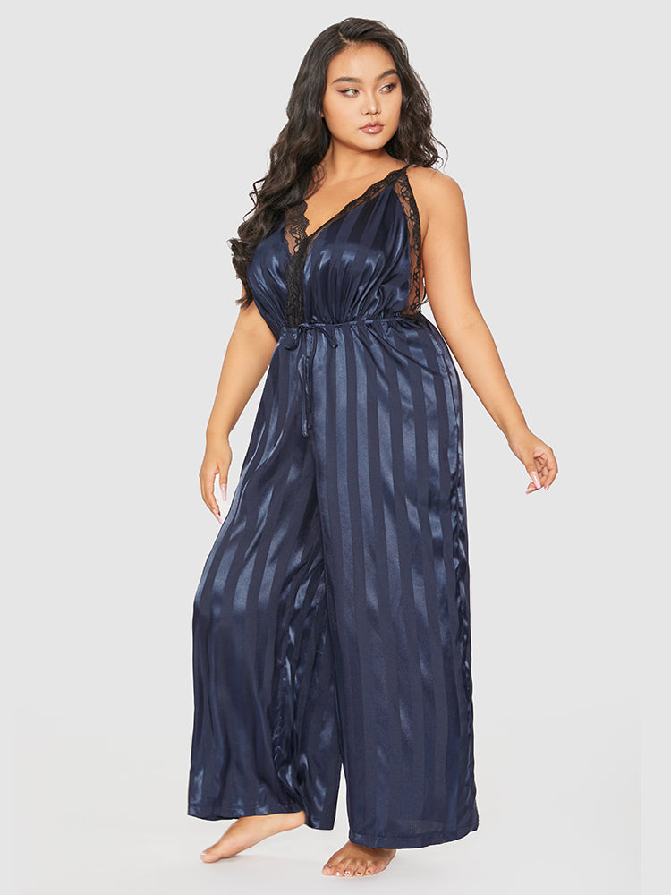 Striped Lace Trim Backless Lounge Jumpsuit