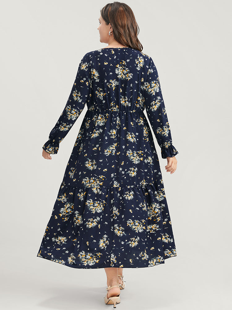 Floral V Neck Lantern Sleeve Pocket Gathered Ruffles Maxi Dress