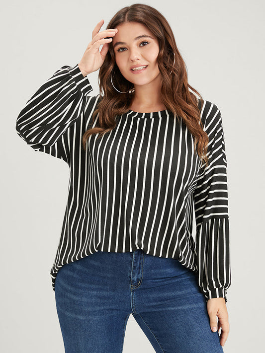 Asymmetrical Striped Lantern Sleeve  Round Neck Long Tee