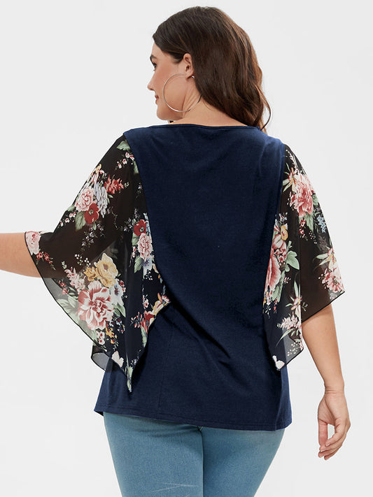 Floral Patchwork Flutter Sleeve Cut Out  T-shirt