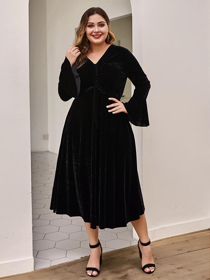 Velvet Pleated Flared Sleeves Dress