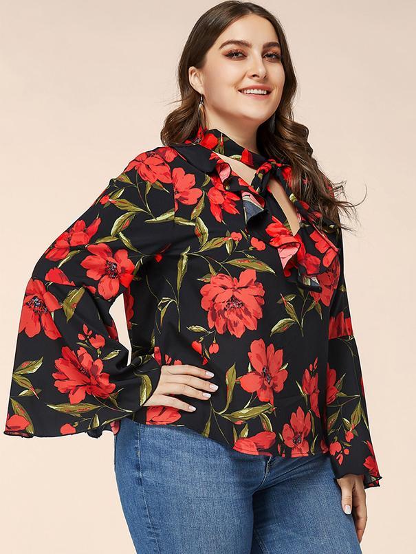 Floral Hollow Out Tie Flared Sleeve Top