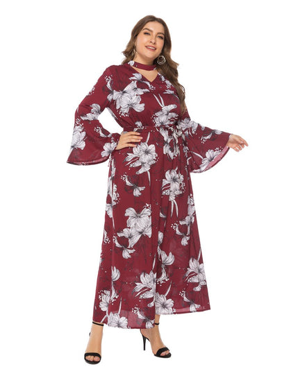 Floral Printed Hollow Out Flared Sleeve Maxi Dress