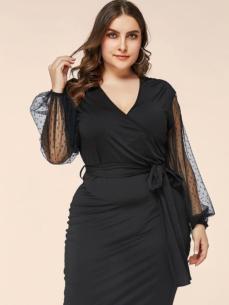 Polka Contrast Mesh Lantern Sleeve Wrap Midi Dress