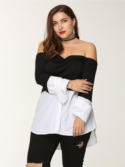 Patchwork Off-shoulder Mid Length Blouse