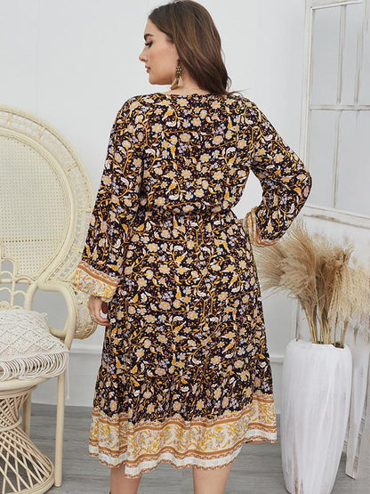 Vintage Floral Printed Elastic Waist Maxi Dress