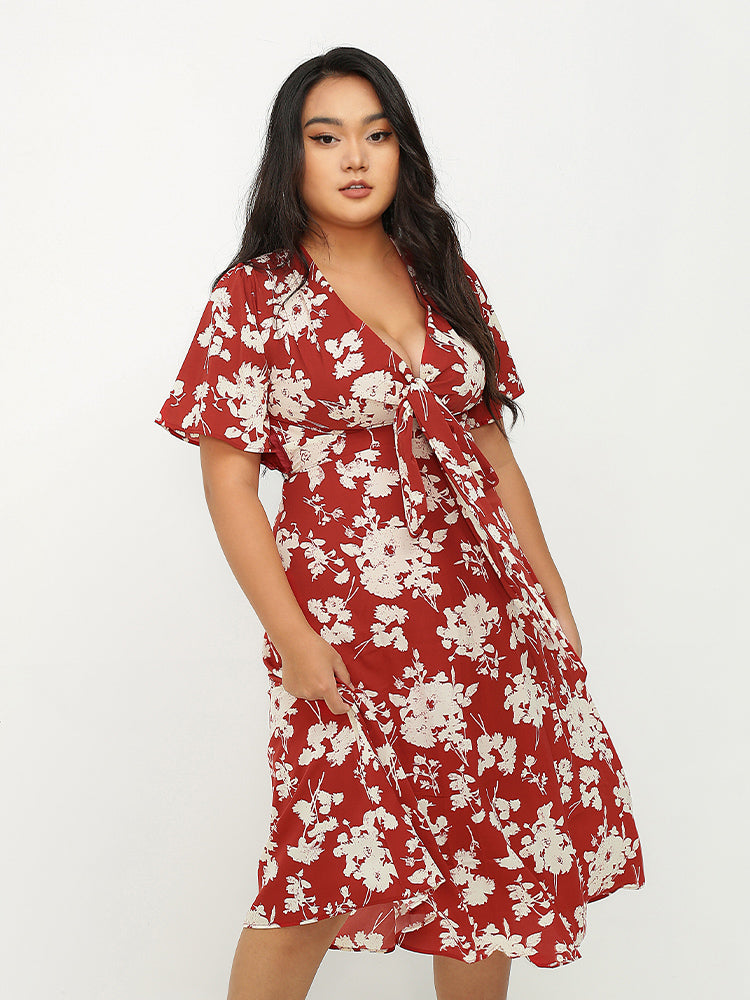 Knot Front V-Neck Floral Dress