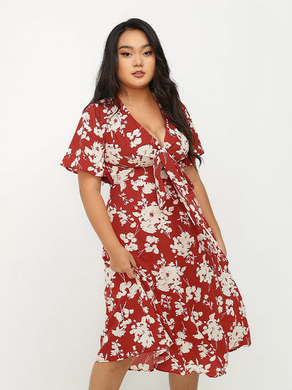 Knot Front V-Neck Floral Dress