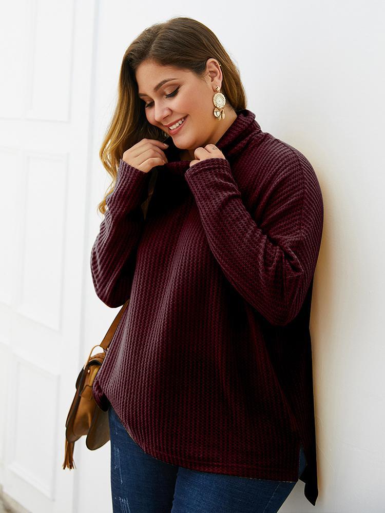 Turtleneck Waffle Solid Color Knit Top