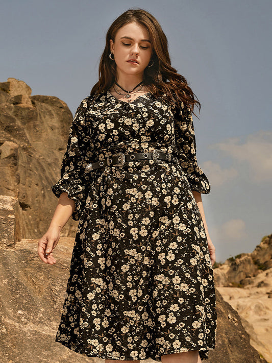 Ditsy Floral Bishop Sleeve Dress Without Belt
