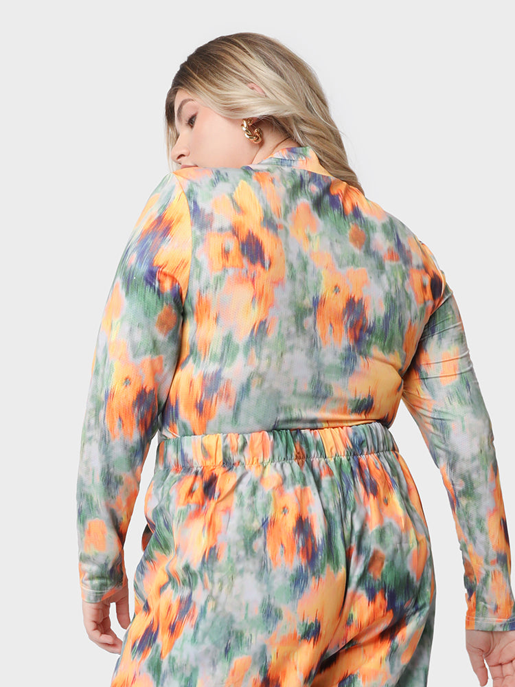 Abstract Floral Print High Neck T-shirt