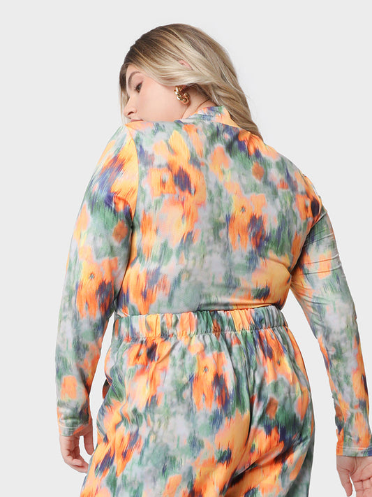 Abstract Floral Print High Neck T-shirt