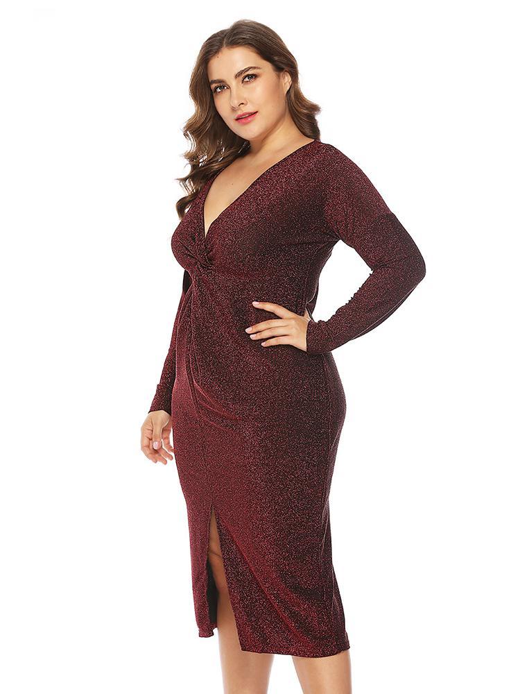 Knot V-neck Split Elegant Dress