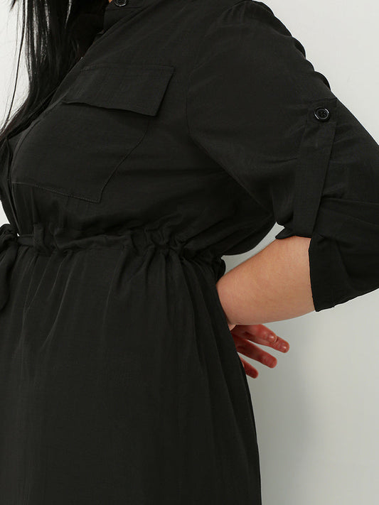 Drawstring Belt Pocket Shirt Dress