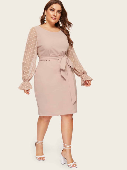 Dot Mesh Bell Sleeve Belted Pencil Dress
