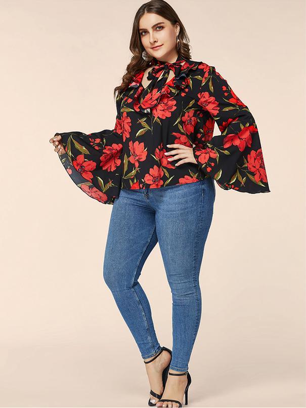 Floral Hollow Out Tie Flared Sleeve Top
