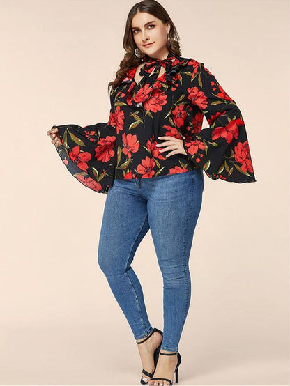 Floral Hollow Out Tie Flared Sleeve Top