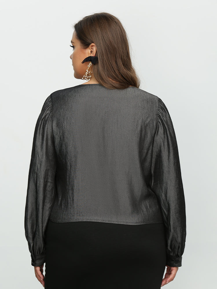 Button Puff Sleeve Square Neck Blouse