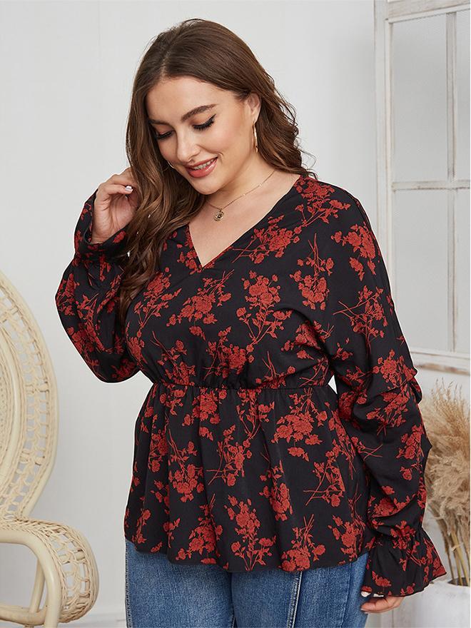 Floral Printed V-neck Tight Waist Blouse