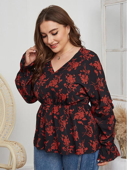 Floral Printed V-neck Tight Waist Blouse