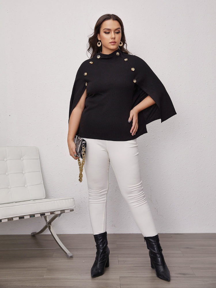 Button Bat Sleeve Round Neck Blouse