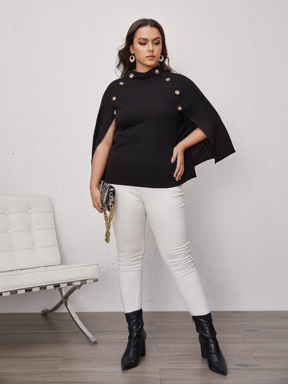 Button Bat Sleeve Round Neck Blouse