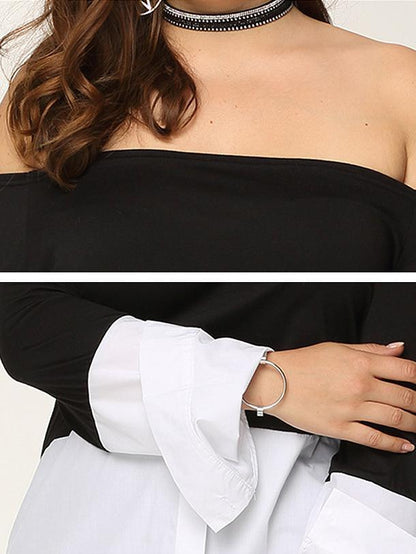 Patchwork Off-shoulder Mid Length Blouse