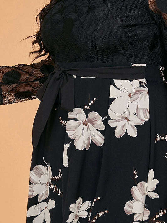 Floral Print Contrast Lace Knot Dress