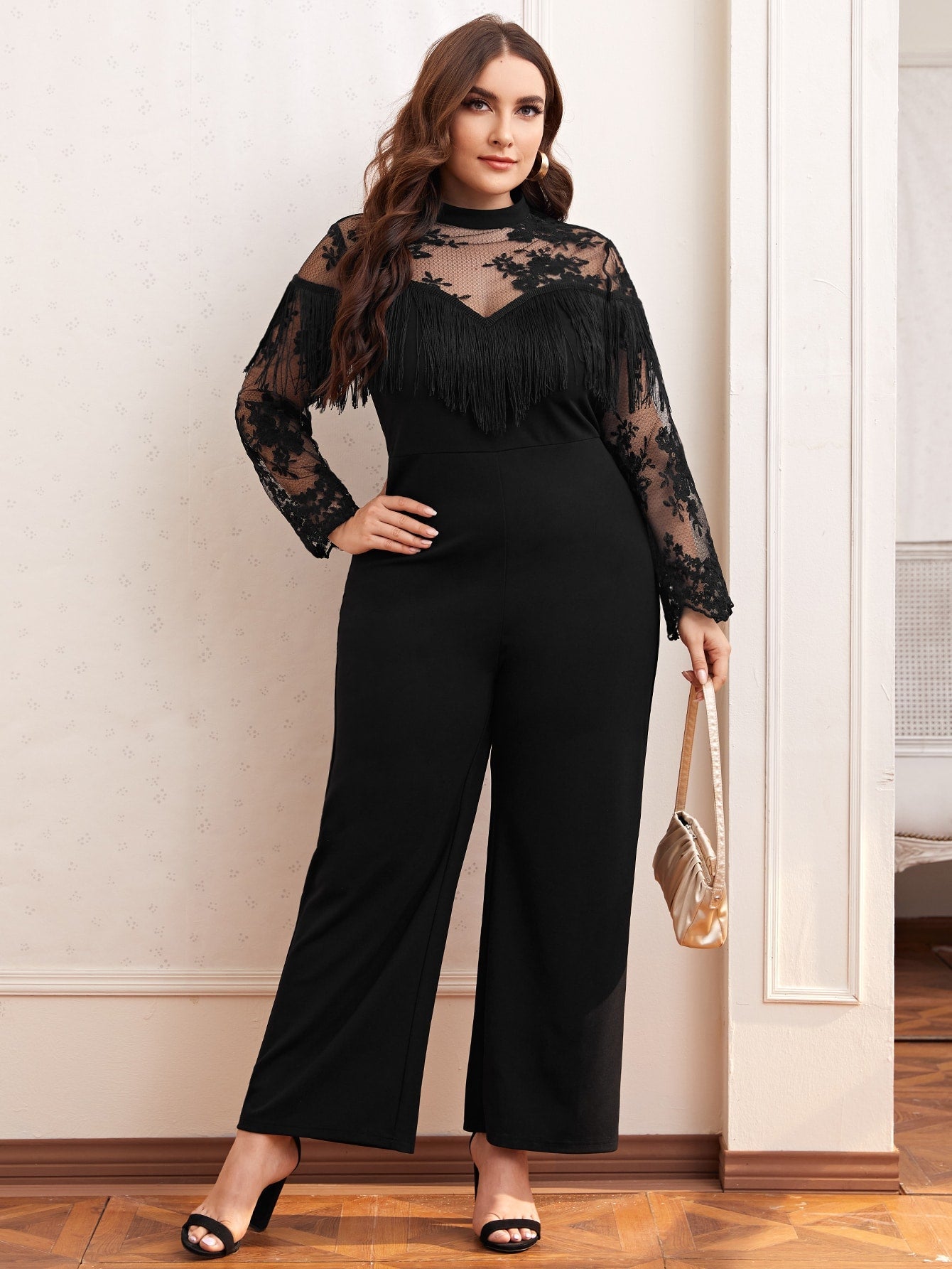 Lace Yoke Fringe Detail Palazzo Jumpsuit
