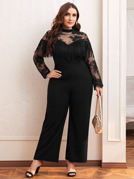 Lace Yoke Fringe Detail Palazzo Jumpsuit