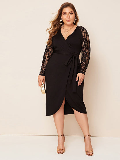 Lace Sleeve Self Belted Wrap Dress