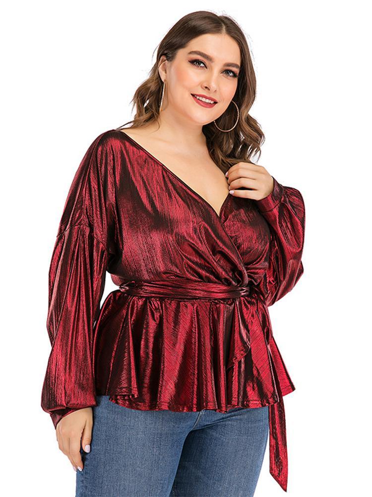 Glossy Wrap V-neck Top