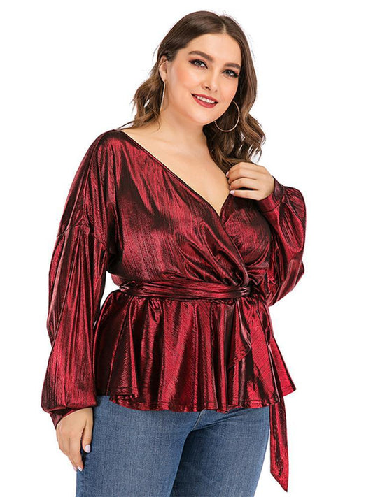 Glossy Wrap V-neck Top